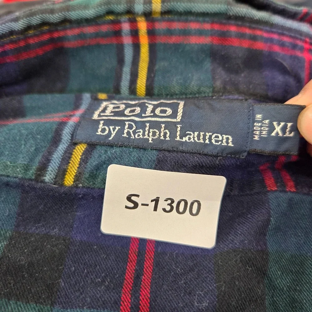VINTAGE Polo Ralph Lauren Men Button Up Shirt XL Blue Plaid‎ Flannel Faux Suede